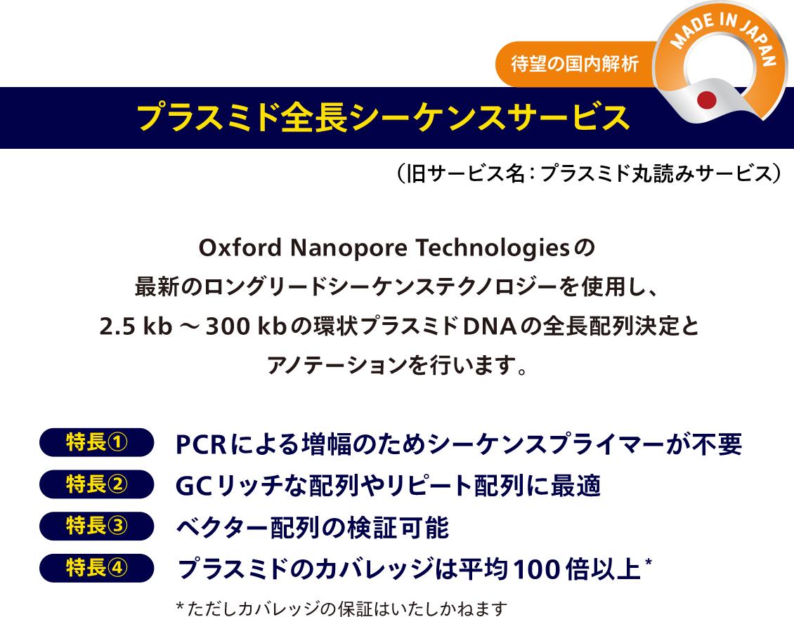 待望の国内解析
プラスミド全長シーケンスサービス（旧サービス名：プラスミド丸読みサービス）
Oxford Nanopore Technologiesの最新のロングリードシーケンステクノロジーを使用し、2.5 kb～300 kbの環状プラスミドDNAの全長配列決定とアノテーションを行います。
特長1：PCRによる増幅のためシーケンスプライマーが不要
特長2：GCリッチな配列やリピート配列に最適
特長3：ベクター配列の検証可能
特長4：プラスミドのカバレッジは平均100倍以上*
*ただしカバレッジの保証はいたしかねます