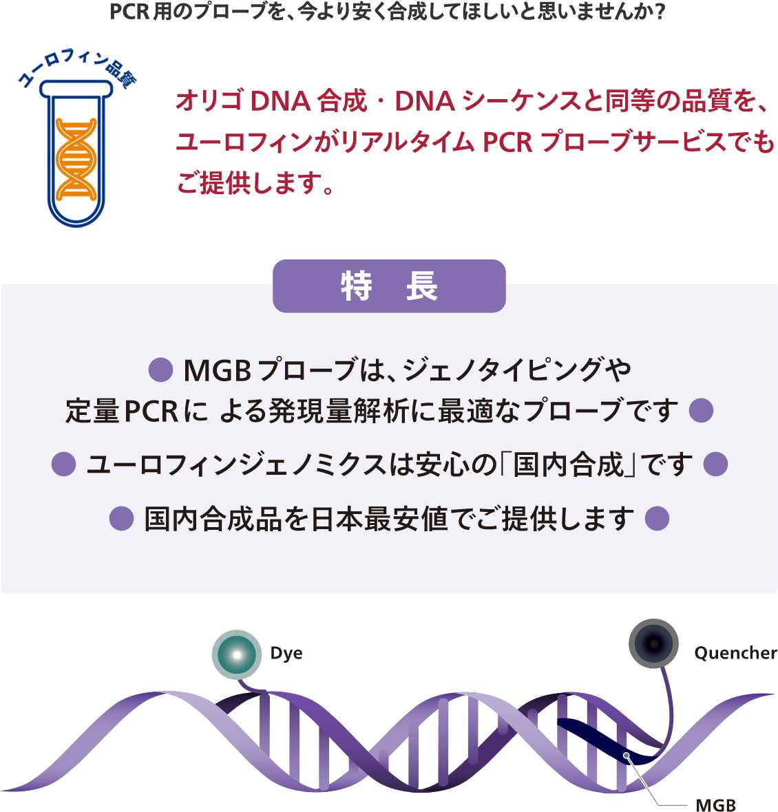 PCR用のプローブを、今より安く合成してほしいと思いませんか？
オリゴDNA合成・DNAシーケンスと同等の品質を、ユーロフィンがリアルタイムPCRプローブサービスでもご提供します。
特長：
・MGBプローブは、ジェノタイピングや定量PCRに よる発現量解析に最適なプローブです
・ ユーロフィンジェノミクスは安心の「国内合成」です 
・国内合成品を日本最安値でご提供します 