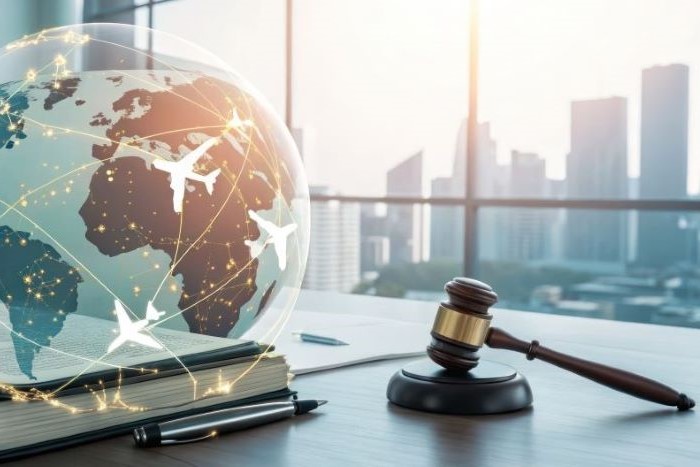 国際ビジネスを連想させる地球儀と裁判用ハンマー