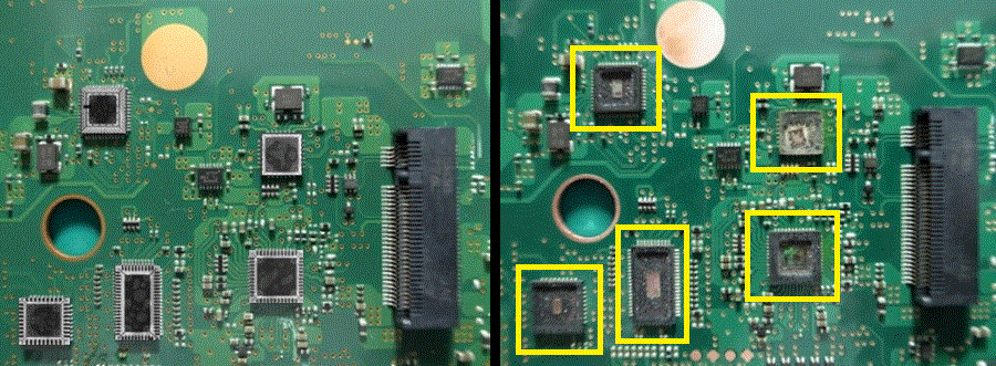 開封前のX線透視観察と対象LSIの開封状態