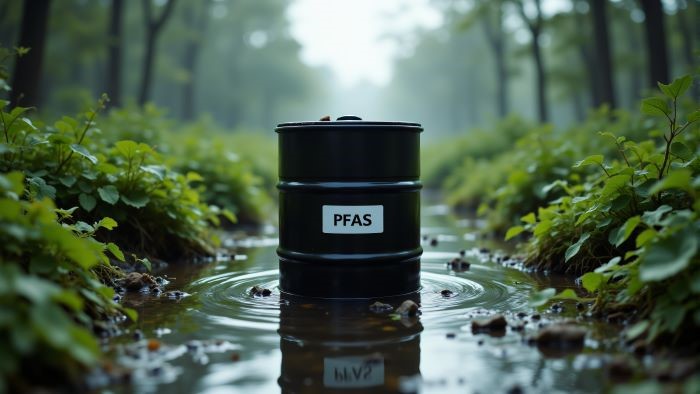 PFASと記載されている缶が森の中の小川に設置されている様子