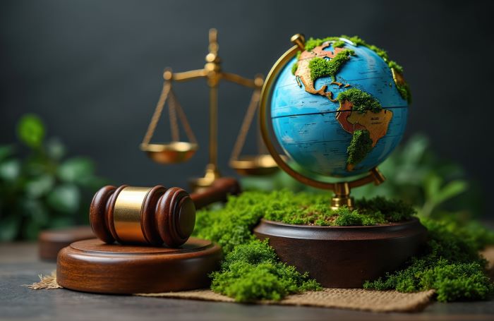 環境保護と国際法を象徴する地球儀、ガベル、天秤