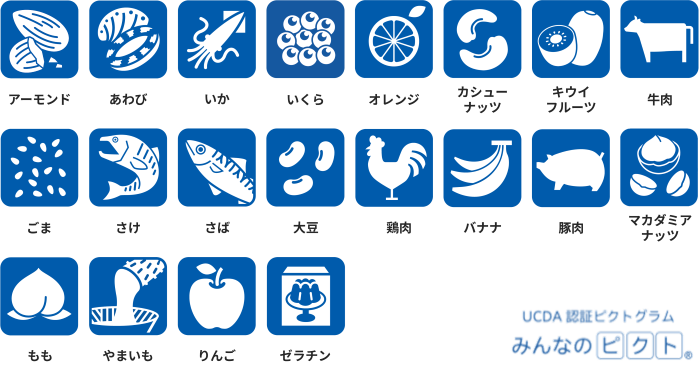 日本表示推奨項目_アーモンド、あわび、いか、いくら、オレンジ、カシューナッツ、キウイフルーツ、牛肉、ごま、さけ、さば、大豆、鶏肉、バナナ、豚肉、マカダミアナッツ、もも、やまいも、りんご、ゼラチン
