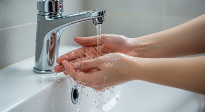 水道水で手を洗う様子