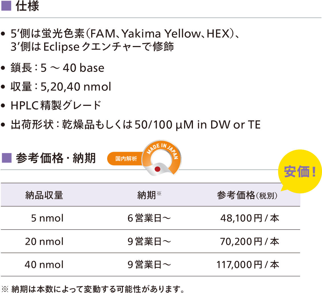 仕様
5’側は蛍光色素（FAM、Yakima Yellow、HEX）、3’側はEclipseクエンチャーで修飾
鎖長：5～40 base
収量：5,20,40 nmol
HPLC精製グレード
出荷形状：乾燥品もしくは50/100 µM in DW or TE

参考価格・納期
納品収量：5 nmol、納期：6営業日～、参考価格（税別）：48,100円/本
納品収量：20 nmol、納期：9営業日～、参考価格（税別）：70,200円/本
納品収量：40 nmol、納期：9営業日～、参考価格（税別）：117,000円/本
※ 納期は本数によって変動する可能性があります。