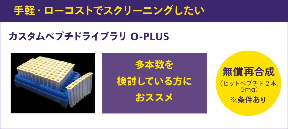 手軽・ローコストでスクリーニングしたいなら「カスタムペプチドライブラリ O-PLUS」
多本数を検討している方におススメ
無償再合成（ヒットペプチド 2 本、5mg）※条件あり