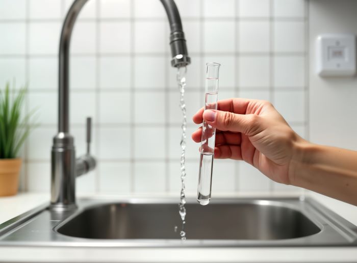 水道水を試験管に注ぐ様子