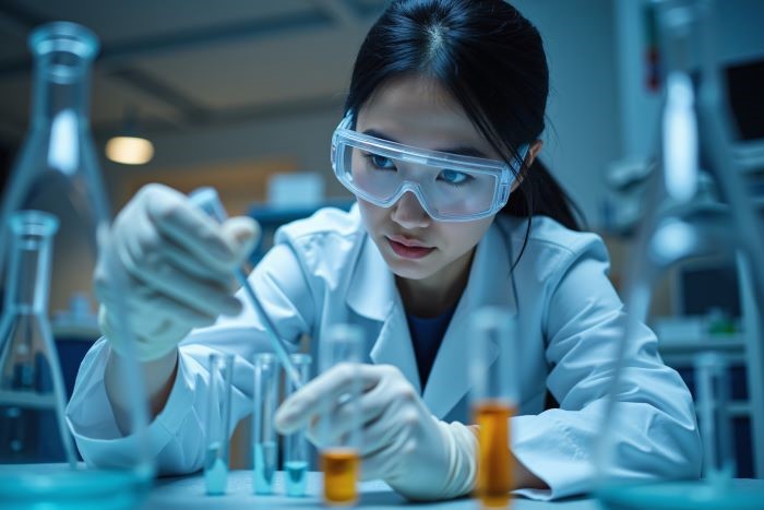 ラボで検査している女性研究員