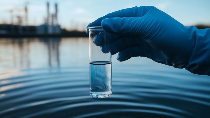 水辺で水の検体を確認