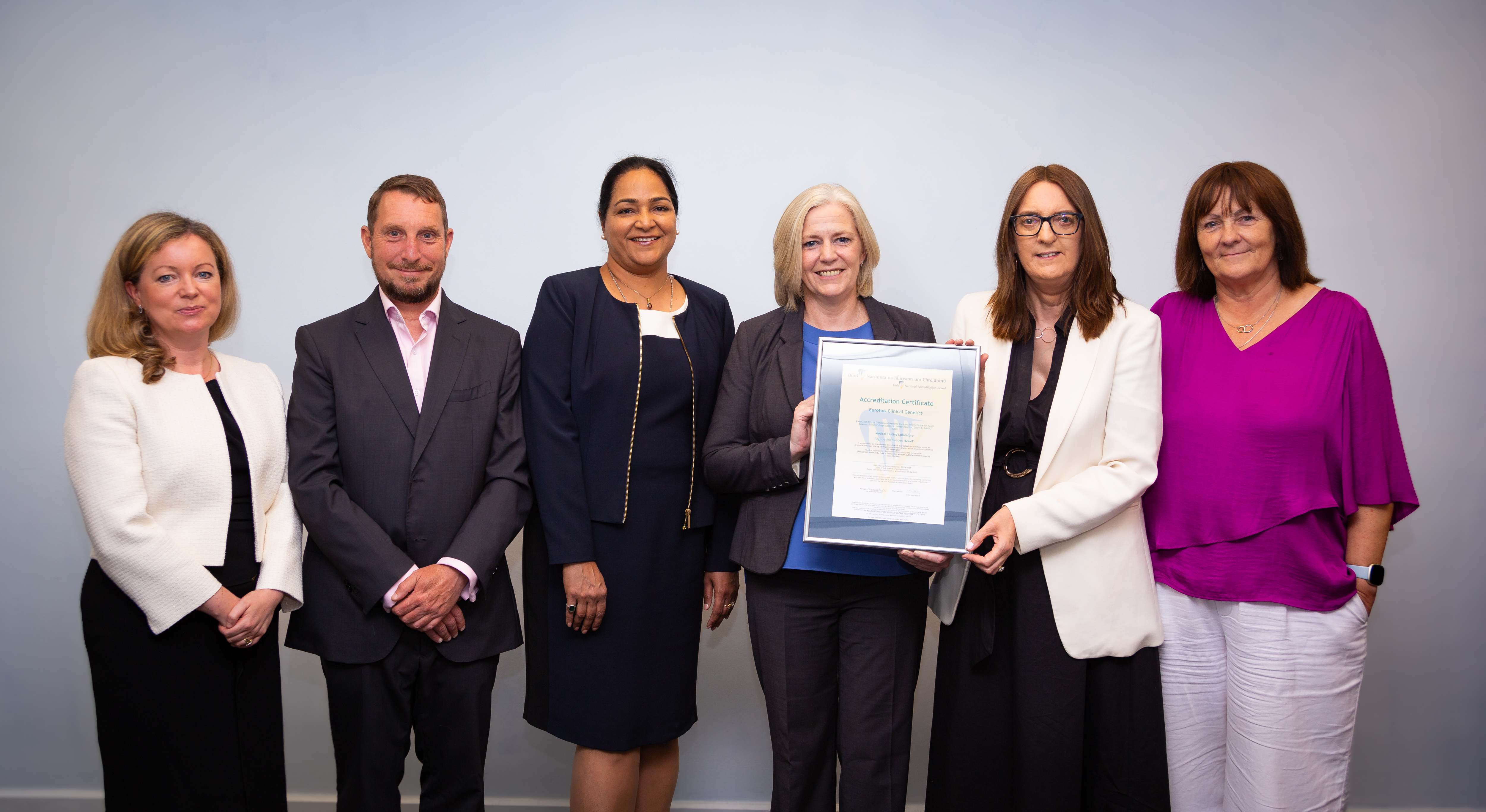 (L-R) Dr. Helen Keegan, Specialist Clinical Scientist, Jean-Sébastien Charles- Quality Assurance Manager, Dr. Prerna Tewari - PhD. Specialist Clinical Scientist, Brid Muimneach - Quality Assurance Director, Rosemary Hayden - Manager, Irish National Accreditation Board, Loretto Pilkington - Head of Molecular & Clinical Genetics.